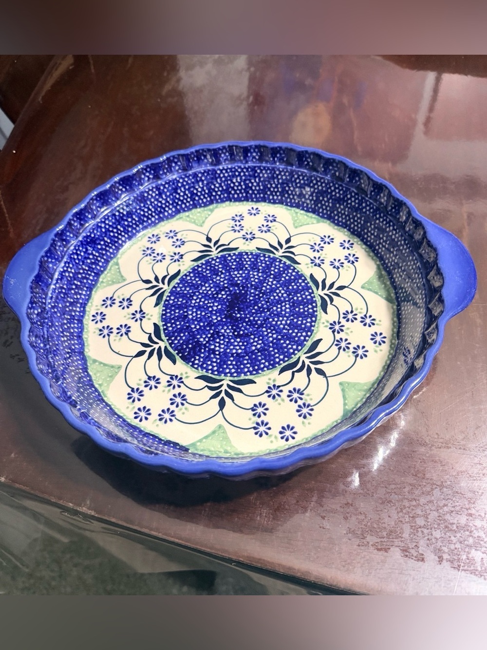 Polish Pottery Hand-Painted Blue Ceramic Pie dish- Decorative Home Kitchen Plate